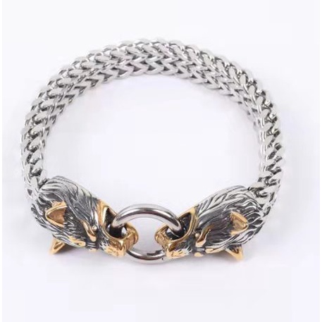 Gelang Rantai Desain Kepala Serigala Bahan Stainless Steel Alloy Untuk Pria