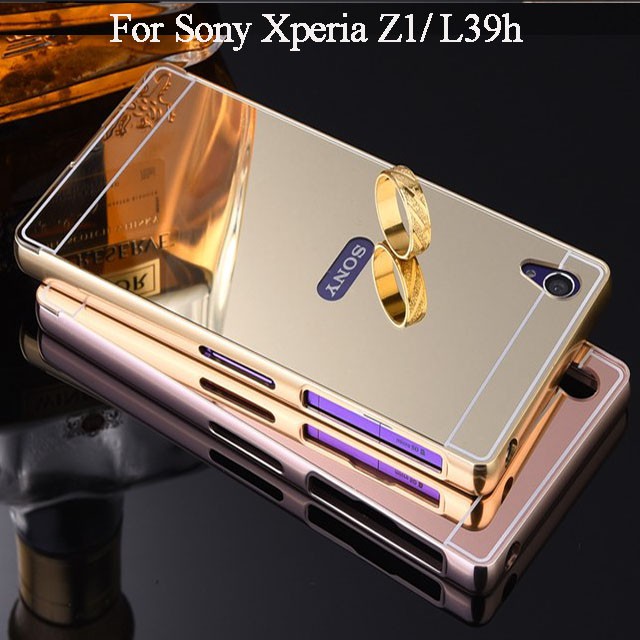 Aluminium Metal Bumper Slide Back Case with Mirror Cover Untuk Sony Xperia Z1