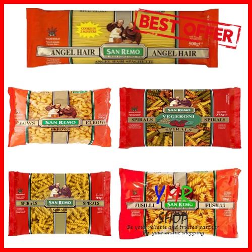 San Remo Pasta Lasagna Instant 250Gr / Gluten Free Spiral / Spaghetti Wholemeal 500Gr / Spaghetti 500Gr / Bowties 500Gr / Tagliatelle 250Gr / Angel Hair 500Gr / Elbows 500Gr / Vegeroni Spiral 500Gr / Spiral 500Gr / Fusilli 500Gr