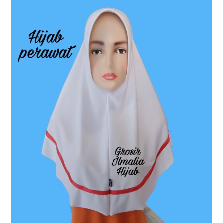 Hijab Suster Terbaru/Jilbab Bidan/Kerudung Perawat/Bergo Instan DinKes, Stikes/Busa Antem Garis Full-Merah Cabe