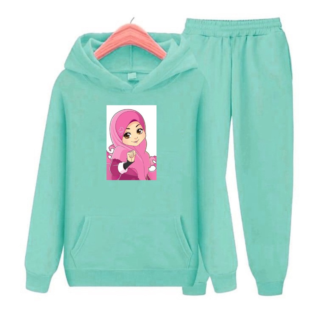 Setelan anak Hijab Pink/Sweater Setelan Topi Size S,M,XL,XXL