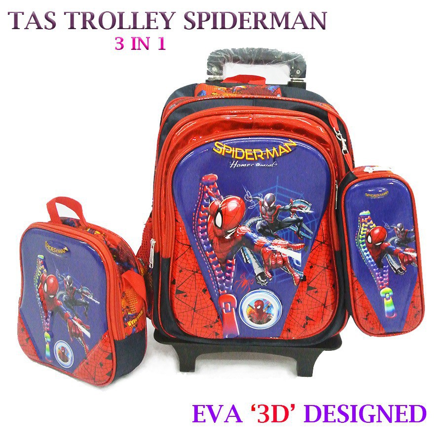 (RK)Tas Troli Anak Laki Laki Sekolah SD SMP Tas Anak Spiderman 3D 3in1 6 Roda Import