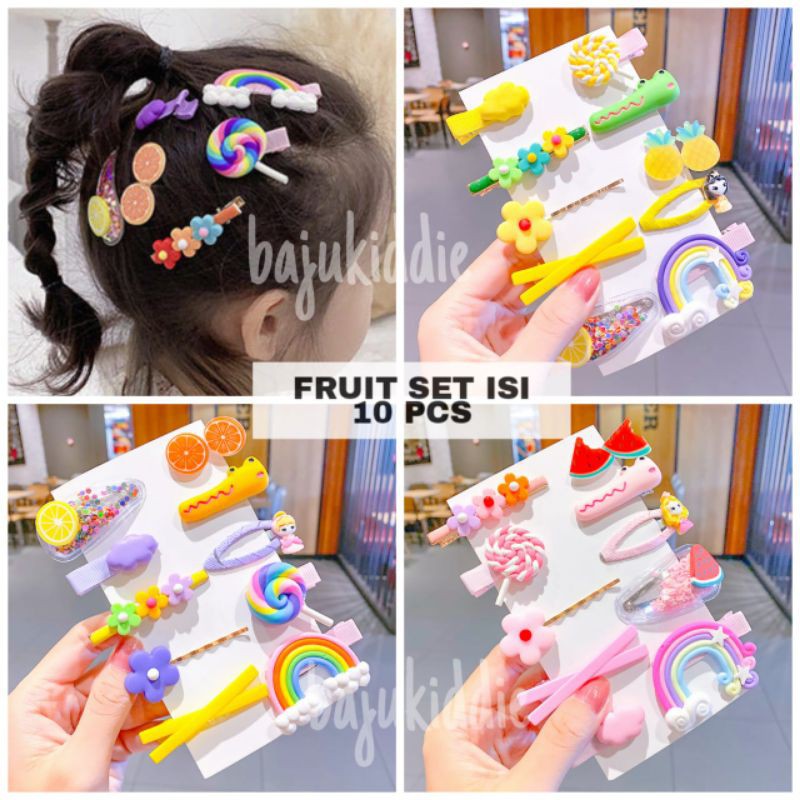 JEPIT RAMBUT KOREA ANAK ISI 10 PCS MOTIF BUAH / AKSESORIS / JEPITAN RAMBUT GLITTER LUCU RAINBOW PINK