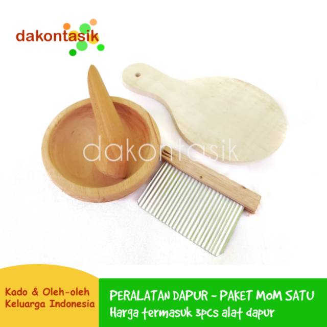 Peralatan Dapur Kayu- Paket Mom 1 - Ulekan Cobek Sambel Pemotong Sayur dan Talenan