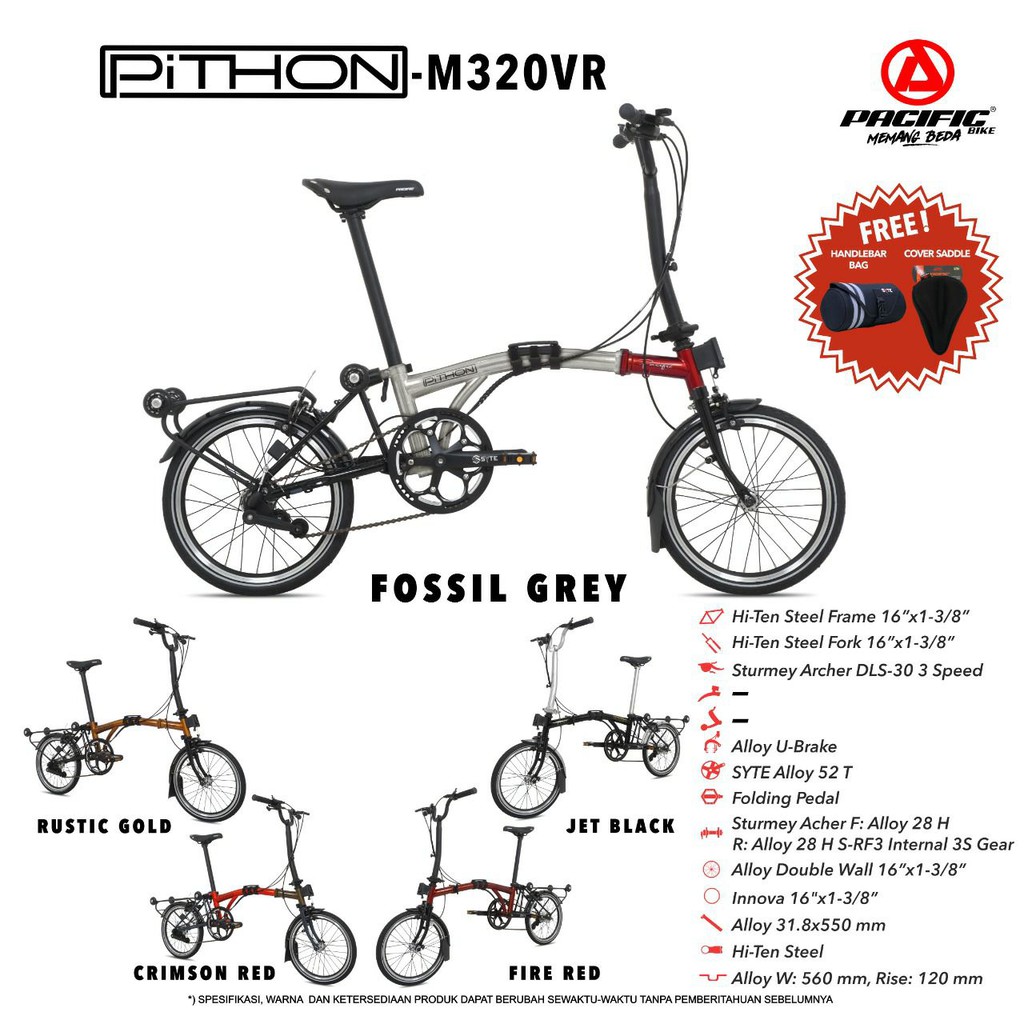 SEPEDA LIPAT TIGA PACIFIC PITHON M320VR 16&quot; TRIFOLD FOLDING BIKE PHYTON FREE BAG &amp; SADDLE COVER