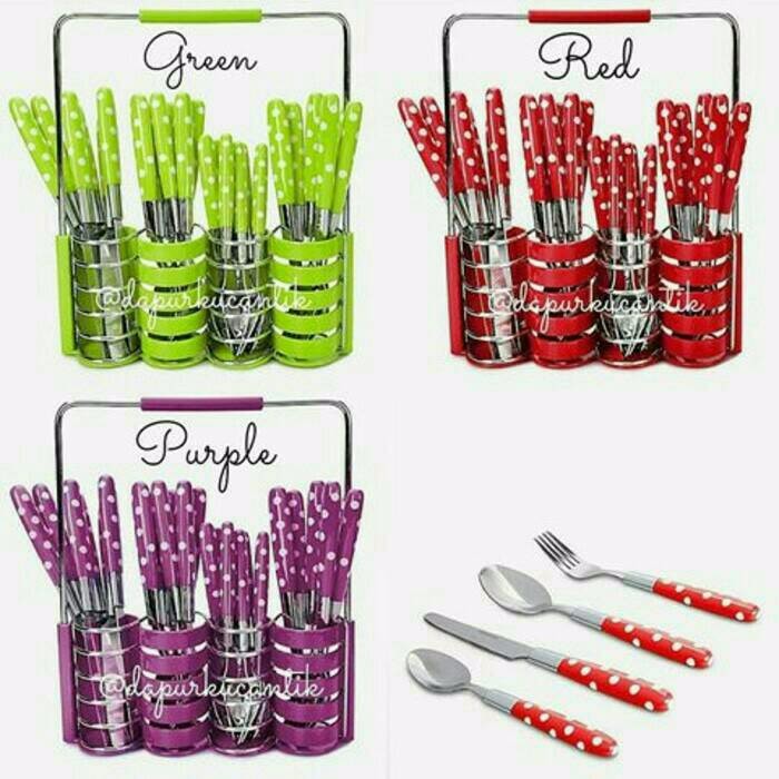 Sendok Set Polkadot Motif Warna Warni 24pcs Sendok Makan,Garpu,Pisau