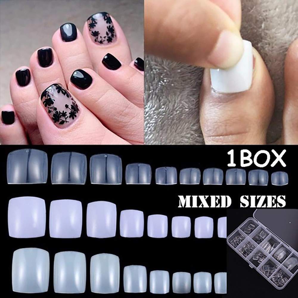 Mxbeauty 100pcs / Set Kuku Kaki Palsu Akrilik Full Cover Warna Putih Untuk Nail Art / Manicure