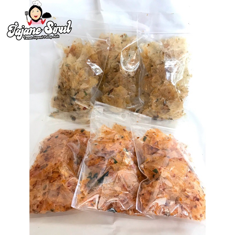 

Kripik kaca / krupuk seblak / batagor siomay / tamalada