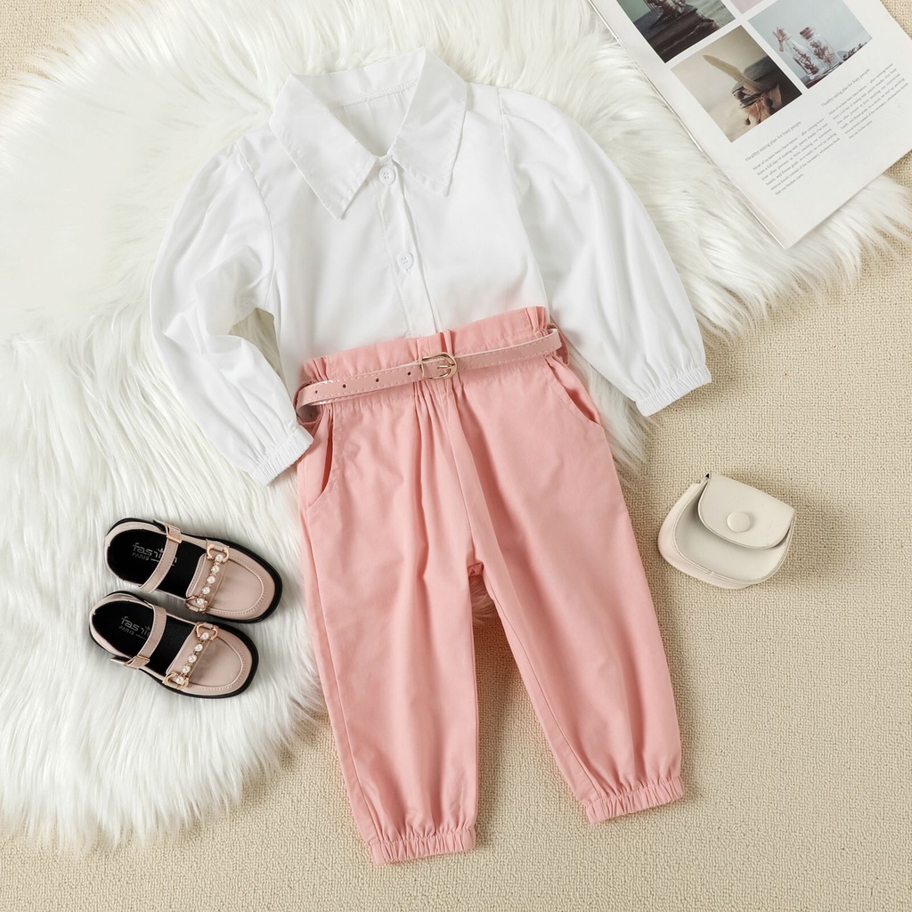 (LOLI-JKT) BS-294 SET ANAK CEWEK CELANA JOGGER BLOUSE B&amp;W SIZE 90-140