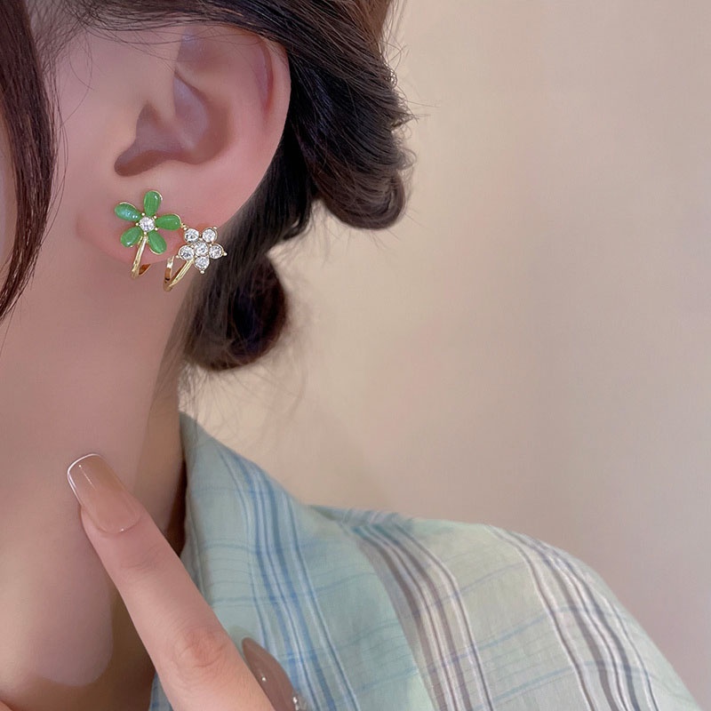 Anting Tusuk Sterling silver 925 Desain Bunga Hijau Hias Batu Opal Zircon Untuk Wanita