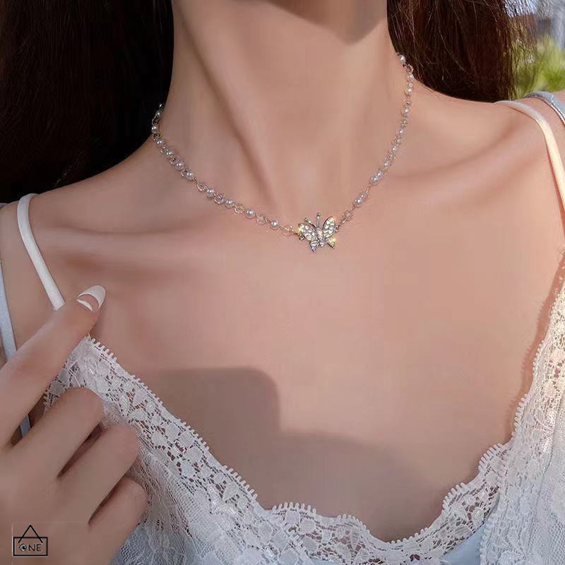 COD❤️Kalung Diamond Flash Butterfly Pearl Kupu-kupu Mutiara Fashion Korea Wanita Womens Trendy Niche Collarbone Chain Necklace