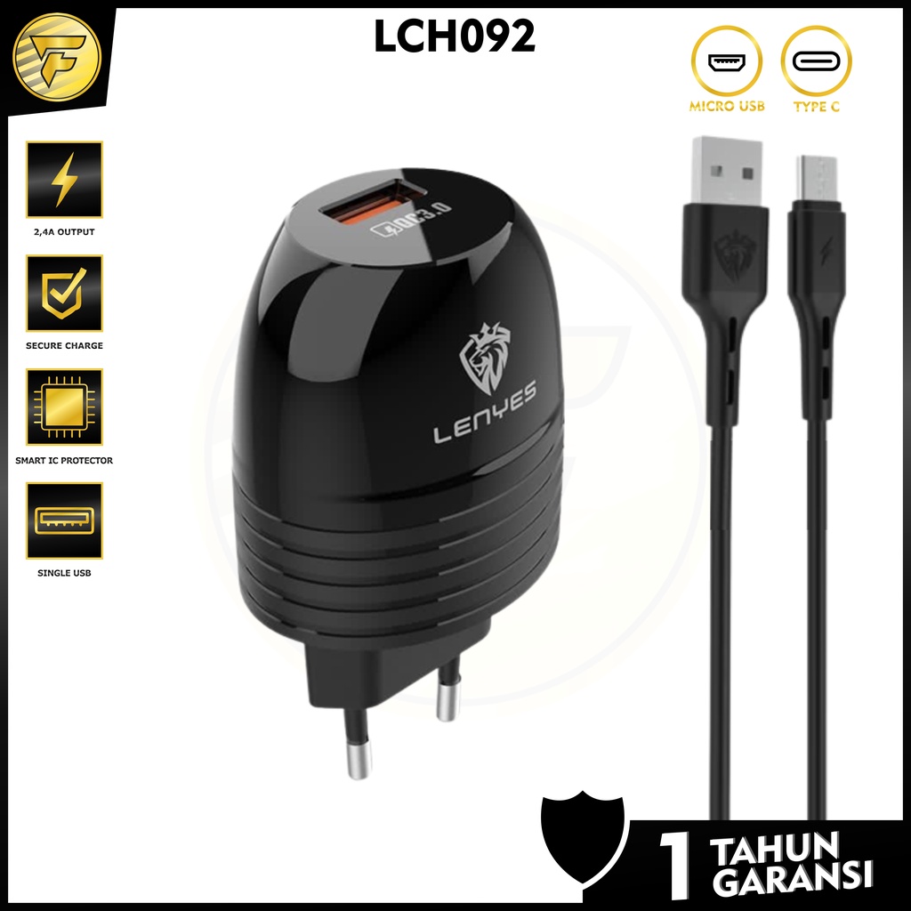 LENYES LCH092 Charger 3A Fast Charging kabel Type C Micro USB cas universal HP Android original