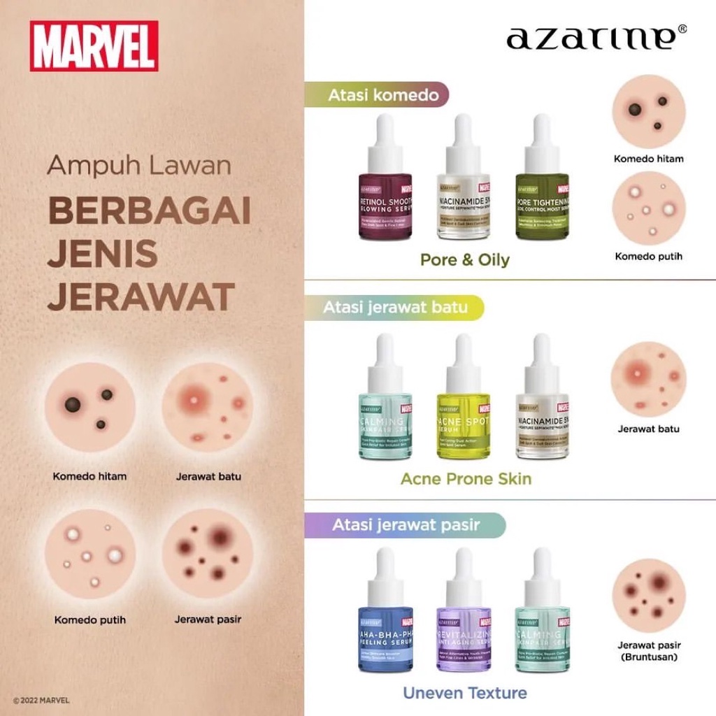 AZARINE Superhero Serum Acne &amp; Pores Series Indonesia / Acne Spot Pore Tightening &amp; Oil Control Moist AHA BHA PHA Peeling 20ml / Jerawat Wajah / Skincare Face Care Facial Wash Toner Essence Mist Day Night Eye Cream Sunscreen Mask Moisturizer / Paket