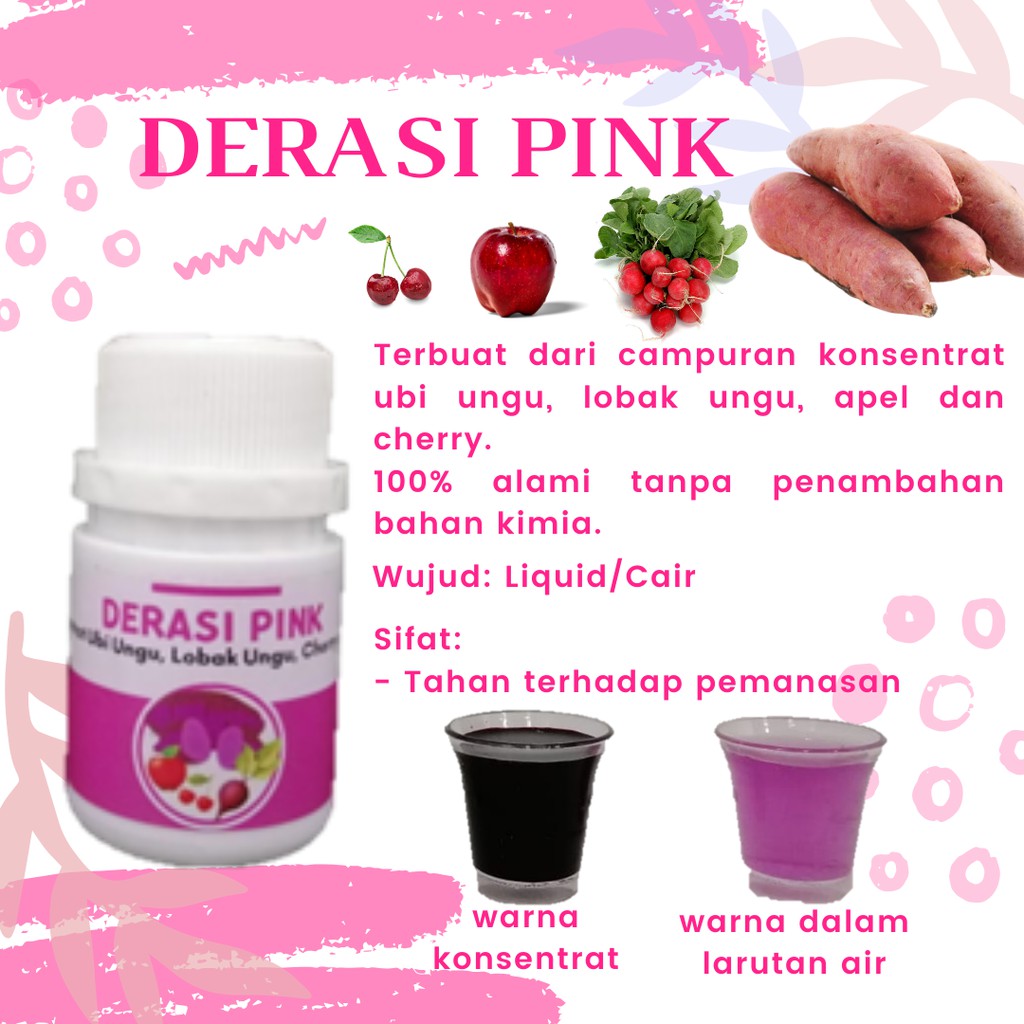 

Derasi Pink - Pewarna Makanan 100% Alami | Campuran Konsentrat Ubi Ungu, Lobak Ungu, Cherry, dan Apel