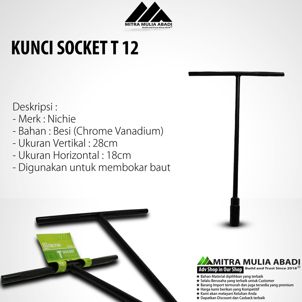 Kunci Sock T Panjang Ukuran Hex 12mm Baut 12mm Hitam