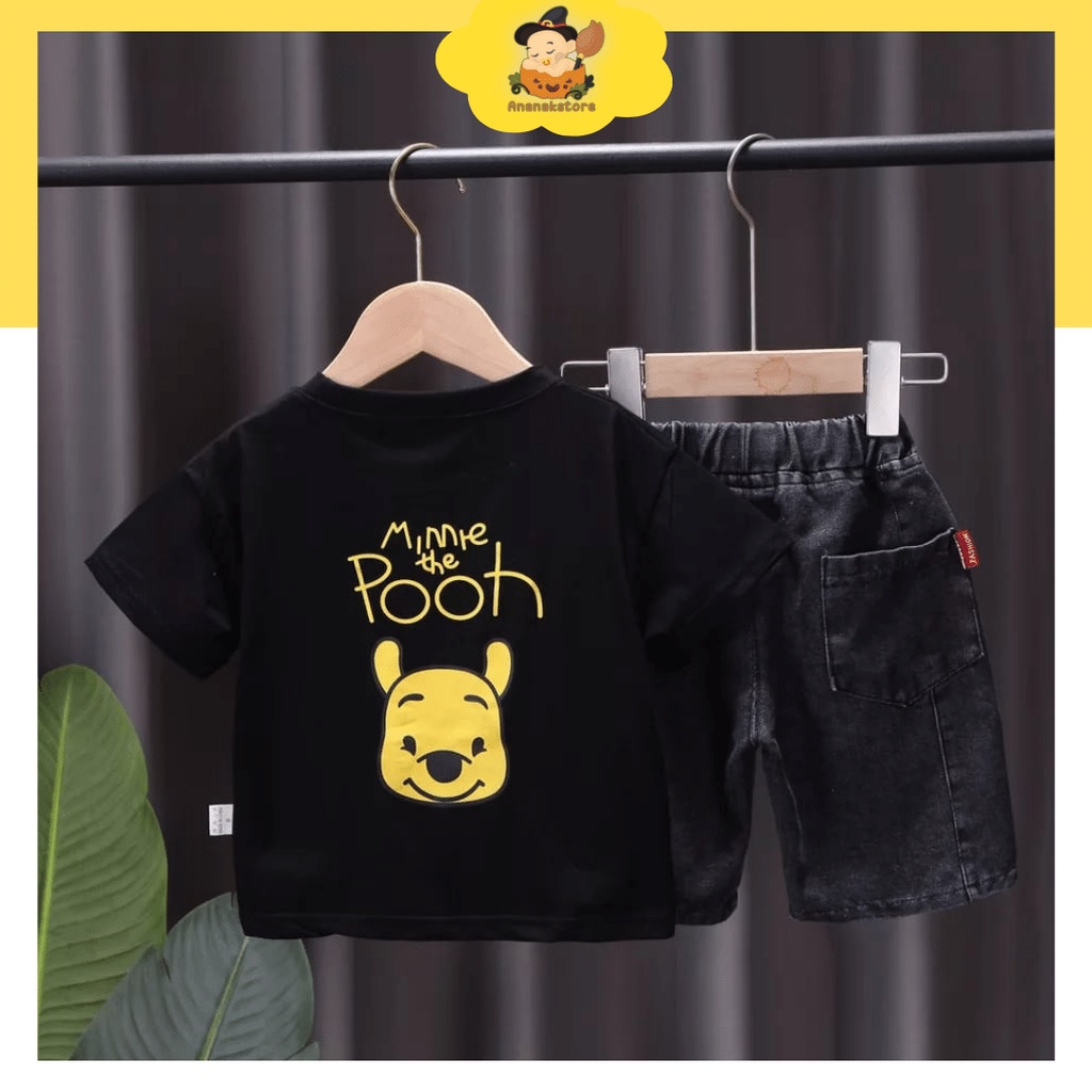 Stelan premium set bayi laki laki Baju Anak cowok 0-5 tahun Motif pooh hitam