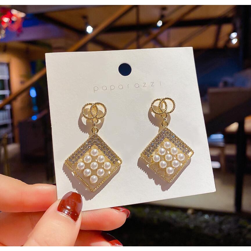 925 jarum perak geometris persegi buatan mutiara anting-anting retro sederhana temperamen earbud fas