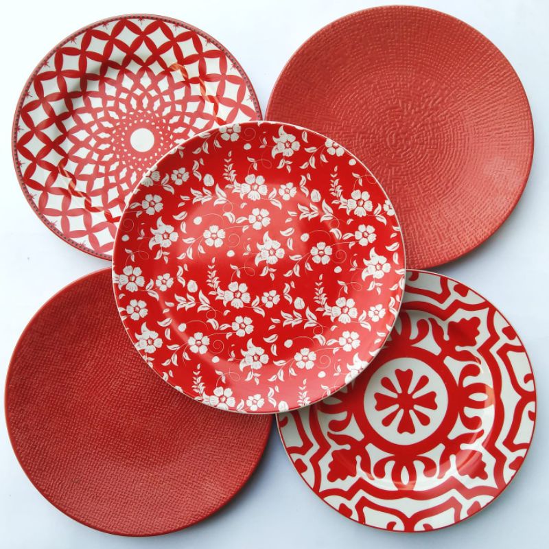 1 Set (Paketan) Piring Keramik Motif Unik Royal Red