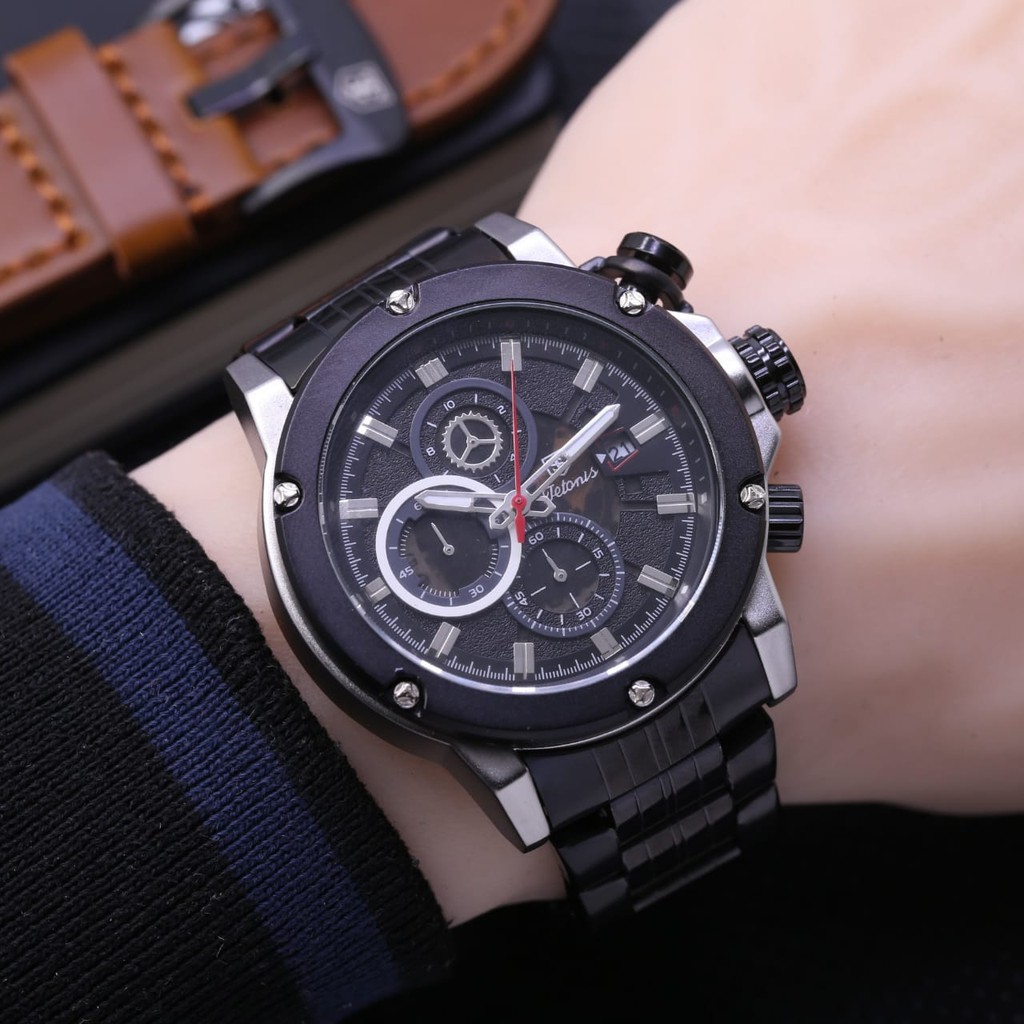 Jam Tangan Pria Tetonis Original 62551LS Tali Rantai Chrono Tanggal Aktif