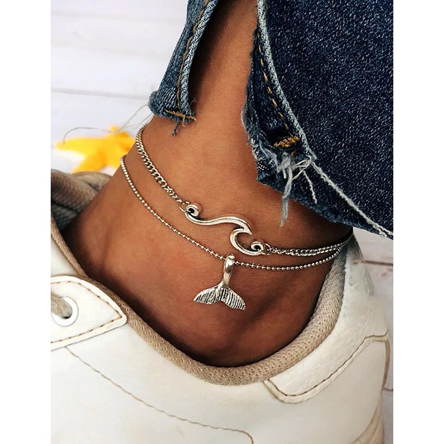 LRC Gelang Kaki Fashion Silver Fishtail Wave Multi-layer Anklet Two-piece F55799