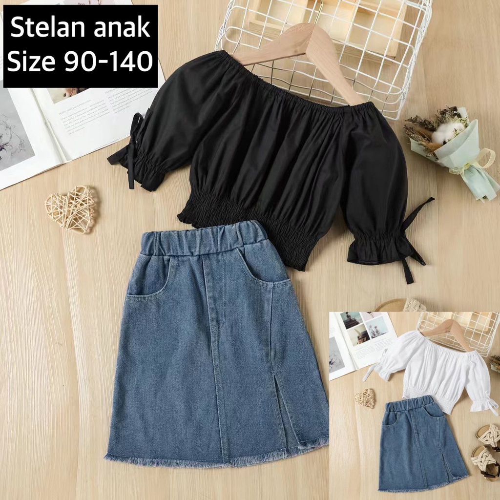 (LOLI-JKT) BS-290 FASHION KOREAN KIDS GIRLS AISY BLOUSE + ROK JEANS SIZE 90-140