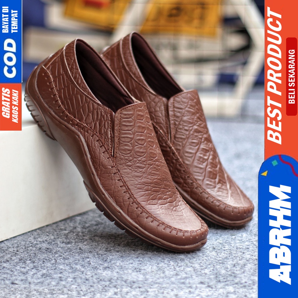 Sepatu Casual Pria Formal Slip On Pantofel Kulit Asli Kerja Kantor Kondangan Kuliah Hitam Fashion Shoes Terbaru Murah Kekinian Original CROCO ABRHM