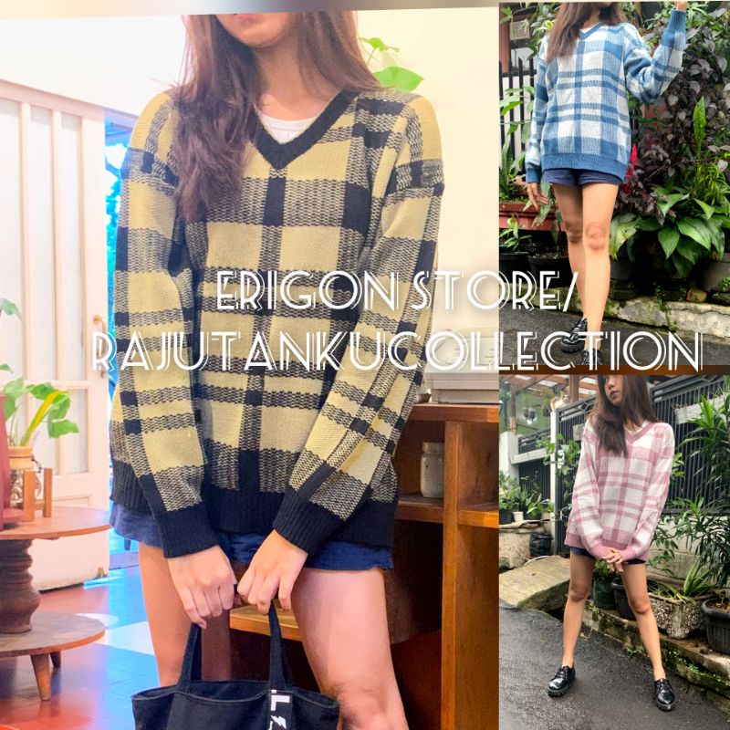 SWEATER TARTAN V-NECK ERIGON/ATASAN RAJUT MOTIF TARTAN