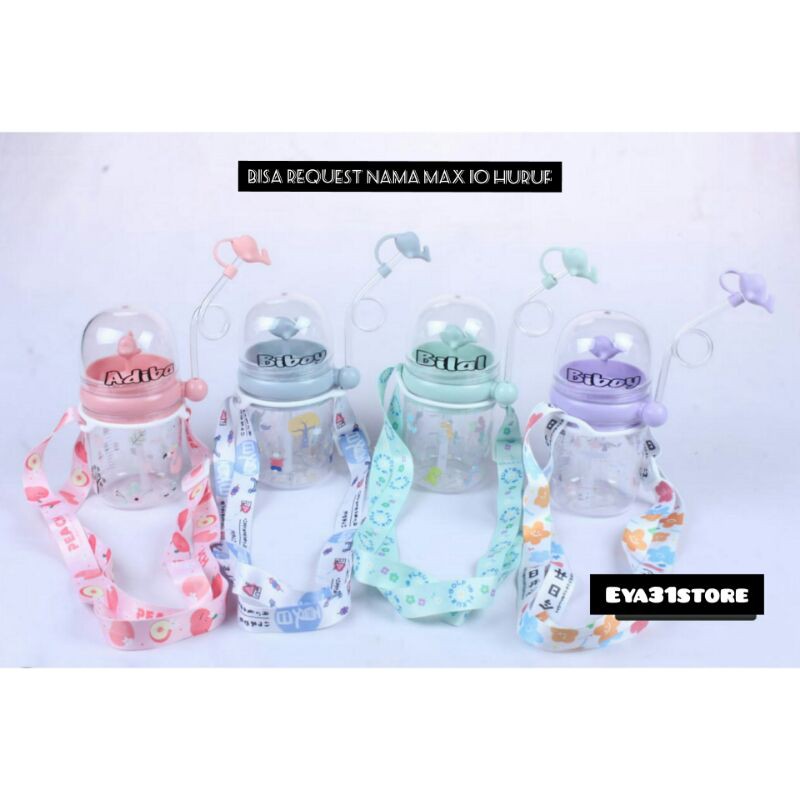 BOTOL MINUM LUMBA-LUMBA MANCUR TALI DAN TUTUP SEDOTAN 260ML ( FULLSET) || BOTOL MINUM PAKAI NAMA