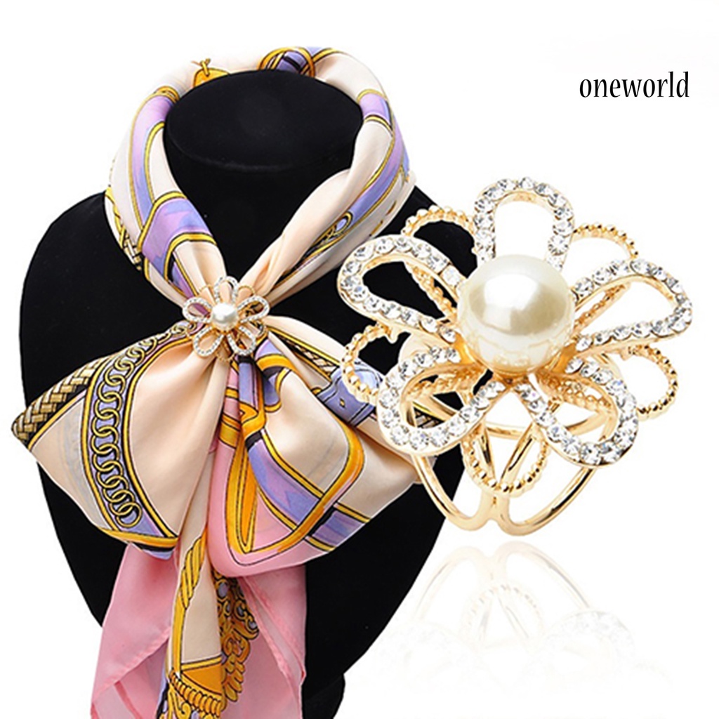 OW@ Scarf Buckle Rhinestone Inlaid Fashion Accessories Alloy Faux Pearl Flower Scarf Buckle for Party