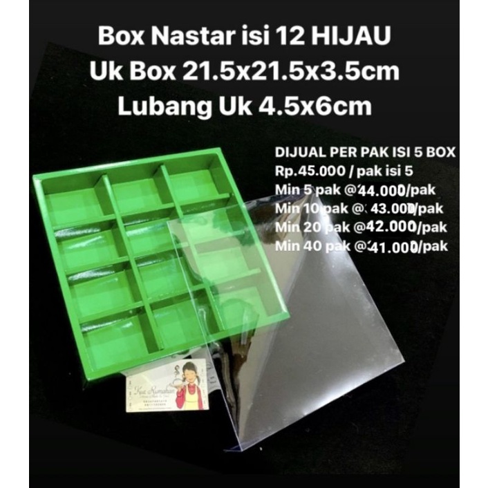 

Box Nastar Isi 12 HIJAU Lubang Uk 4.5x6cm DIJUAL PER PAK ISI 5 BOX