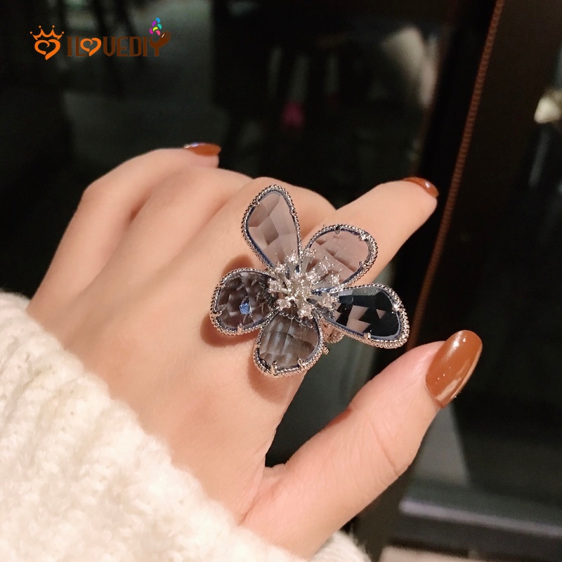 Cincin Jari Model Terbuka Dapat Disesuaikan Hias Bunga Kristal Kaca Gaya Vintage Korea Untuk Wanita