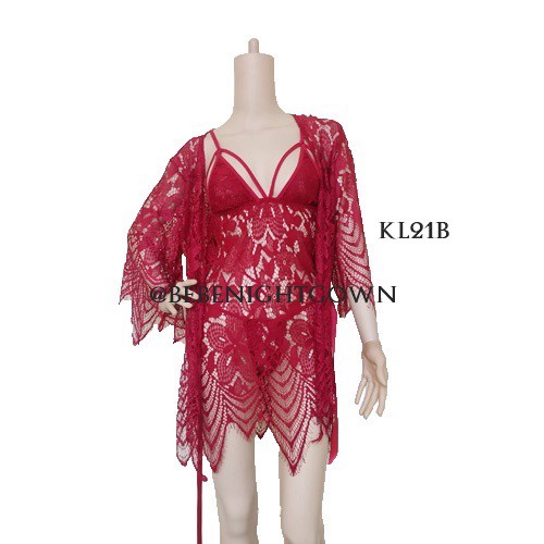 SET SEXY KIMONO LINGERIE NIGHT DRESS LACE BROKAT PREMIUM MERAH KL21B