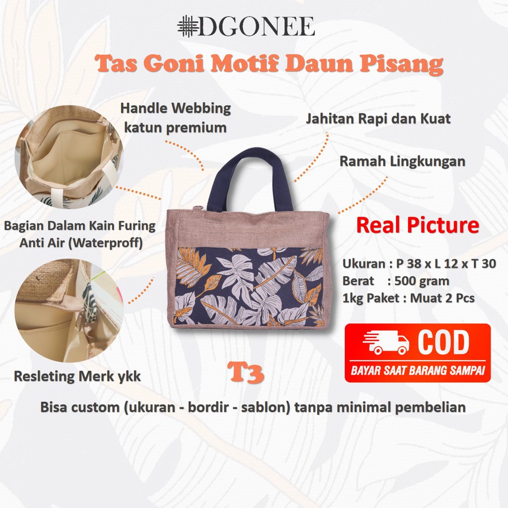 Dgonee T3 Motif Daun Pisang Tas Totebag Kain Goni Belanja Kerja Kuliah Wanita Custom |  T317