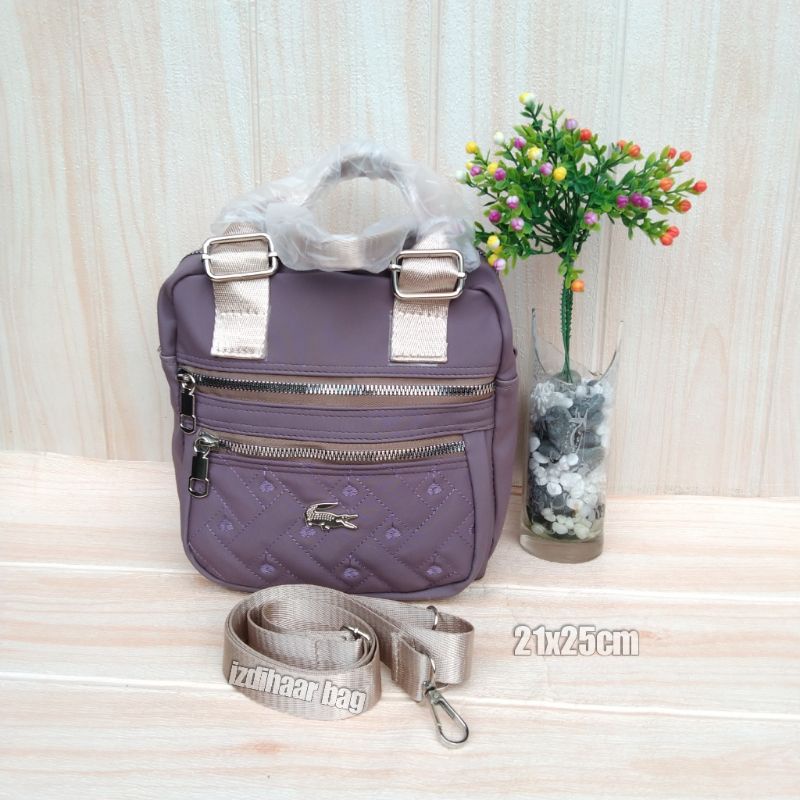 Tas slempang cibao 3ruangterbaru bahan motif bordir ukuran 21x25cm-Unggu