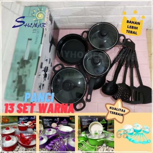 SHENAR PANCI SET 13 PC COLOURFULL / PAKET COOKWARE SET 13 PC HANDLE ANTI BAKAR/ ANTI BAKAR