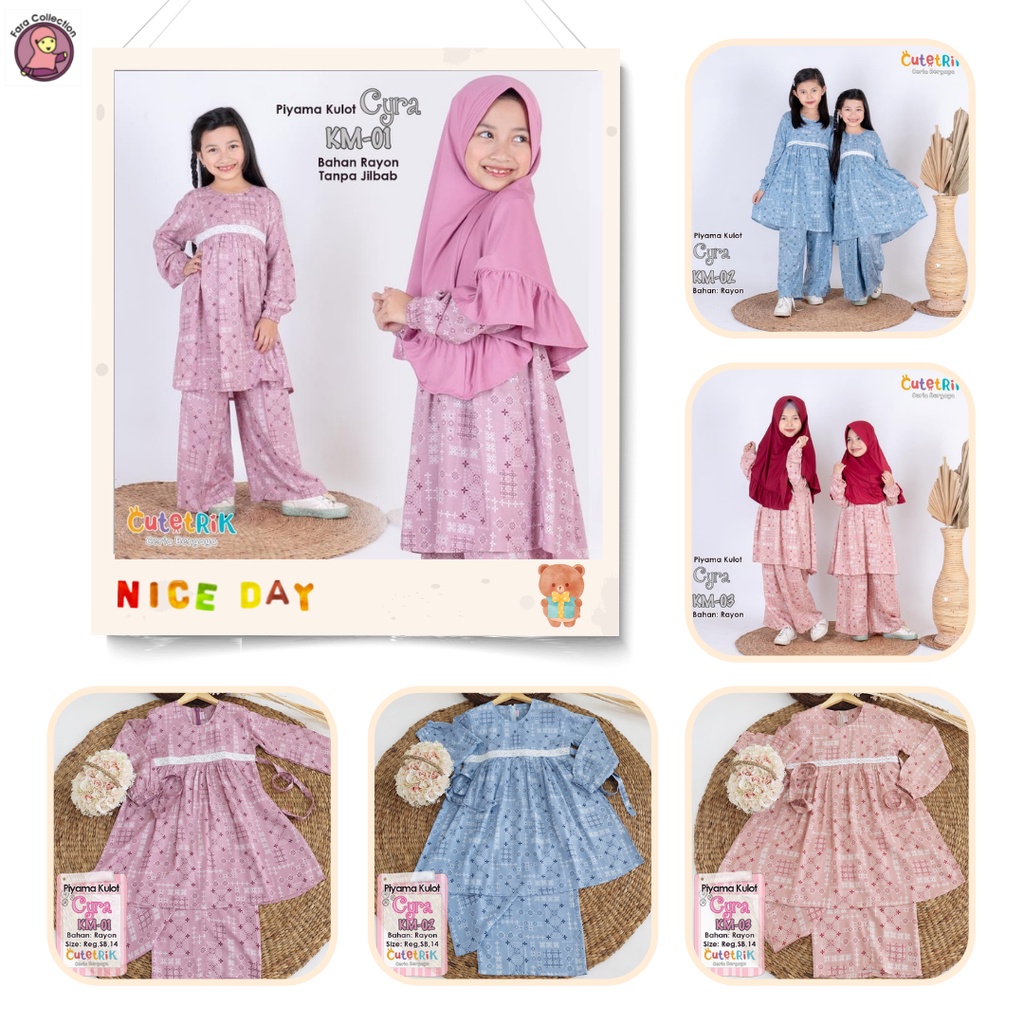 Piyama Anak Perempuan  3-4tahun Remaja Baju Tidur Setelan Celana Kulot CYRA Fara Collection Cutetrik