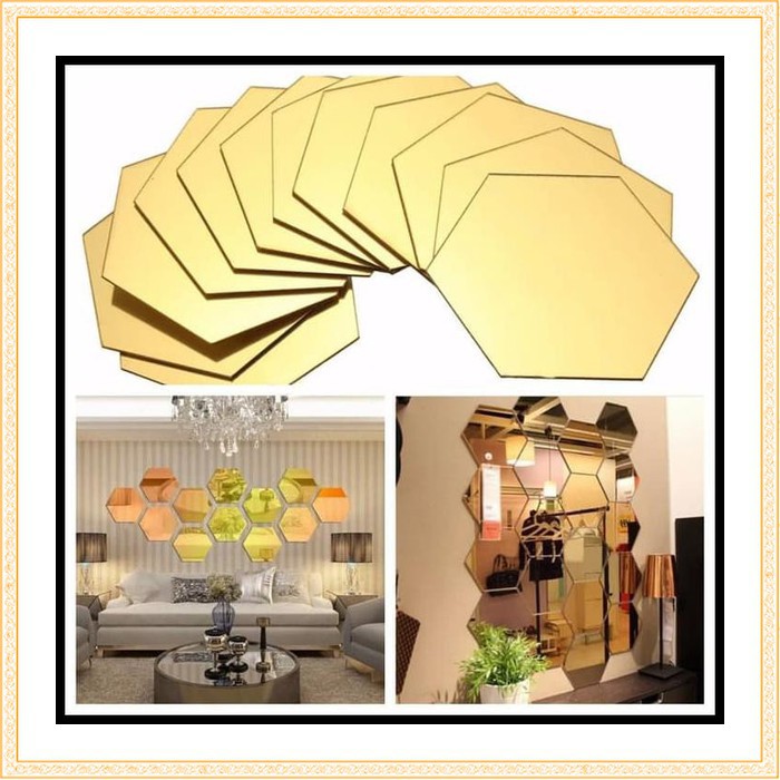 NEW ARRIVAL 7 PCS Golden Sticker Dekorasi Dinding Hexagon Mirror Acrylic Grab Medan