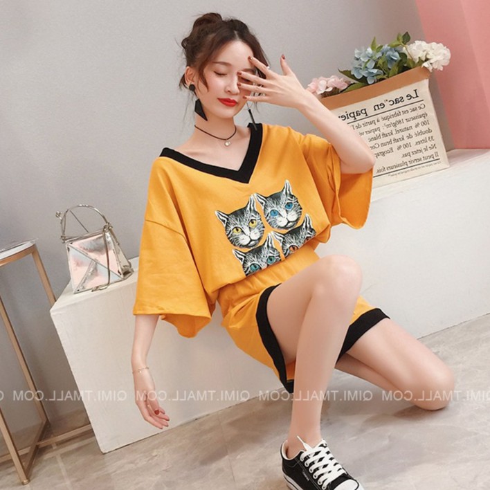 KSE-09 set atasan bawahan wanita import korea jepang big size oversized kucing