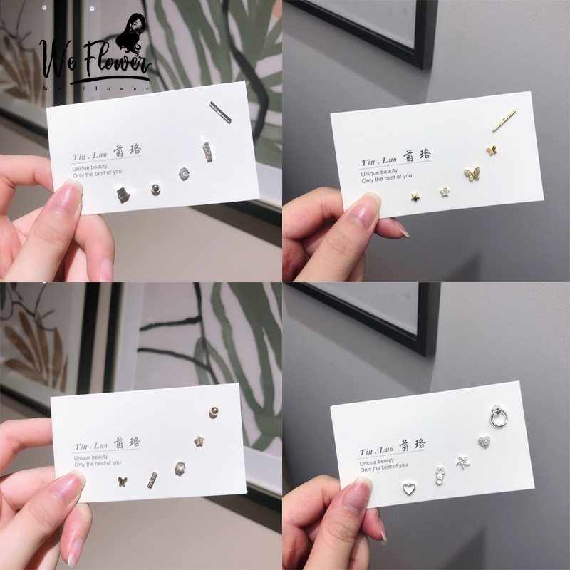 We Flower 5pcs / Set Anting Tusuk Sterling Silver 925 Desain Hati + Kupu-Kupu + Mutiara + Kristal Untuk Wanita