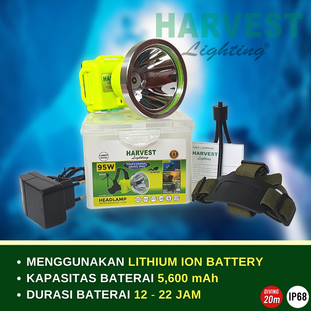 95W - PAKET ISI 6 - Headlamp HARVEST LIGHTINGSenter Kepala LED Professional DIVING IP68 5600 MAH Lampu Emergency Selam Spearfishing Travel Hunting Rechargeable  Original Bergaransi