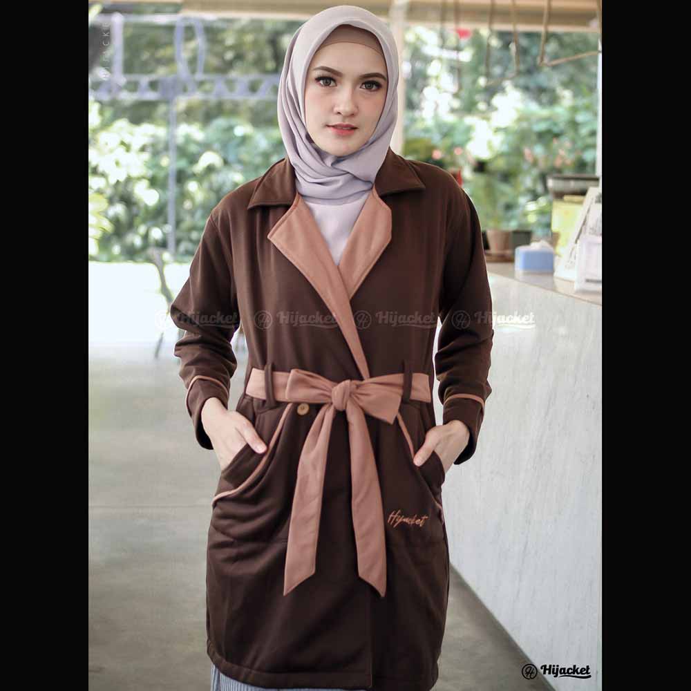 Jaket Jacket Panjang Wanita Cewek Muslimah Hijabers Fleece Kekinian Hijacket Jeket Fashion Modis ELN-Coklat