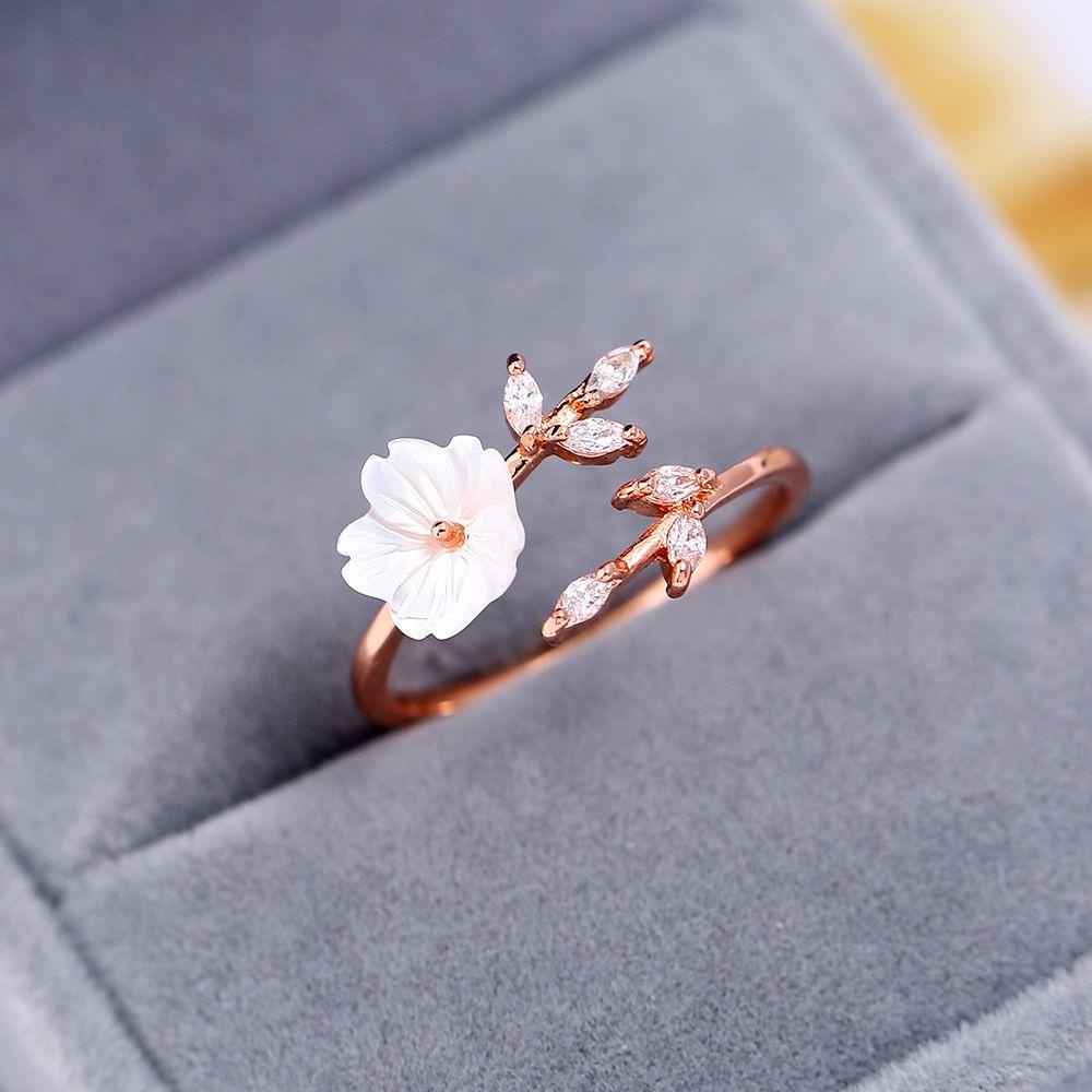 R-FLOWER Opening Ring Elegant Women Girls Adjustable Size Zircon Crystal Leaf