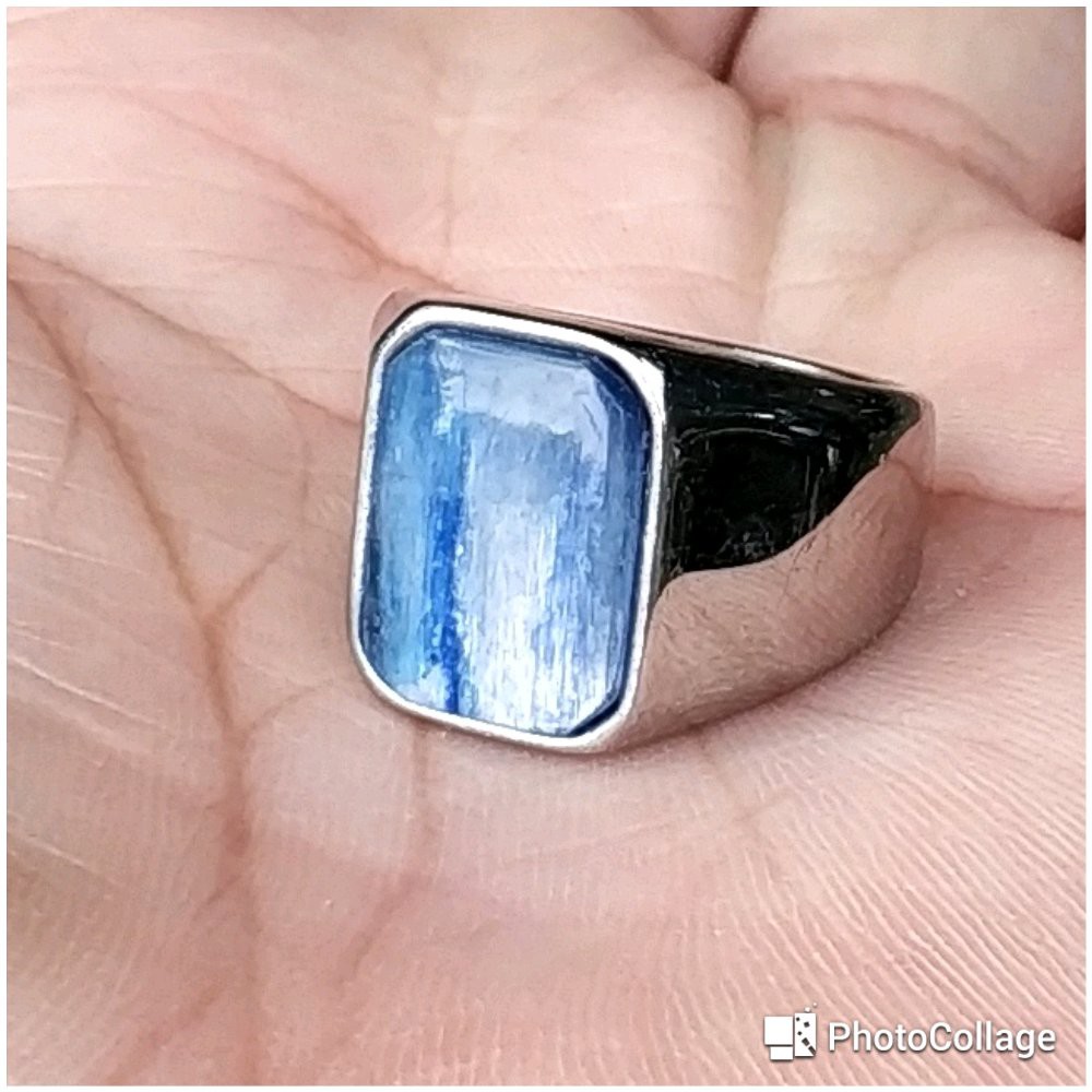 CINCIN BATU PERMATA NATURAL BLUE SAFIR KYANITE MINIMALIS OCTAGON TITANIUM SILVER