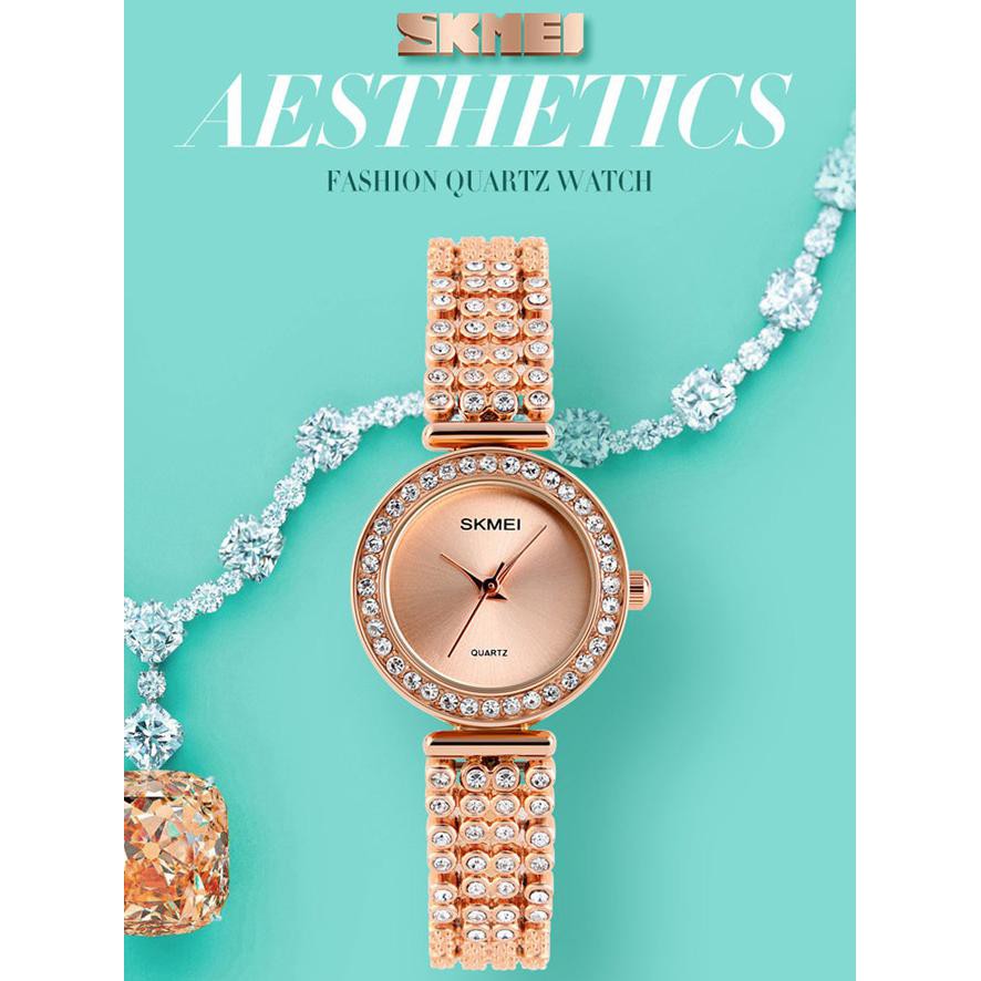 Jam Tangan Wanita Cewek Rantai ORIGINAL SKMEI casio Anti Air Mewah BOX - Emas