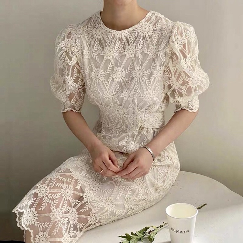 Valy lace dress korean midi dress brukat puffy casual formal white dress floral vintage organza dres