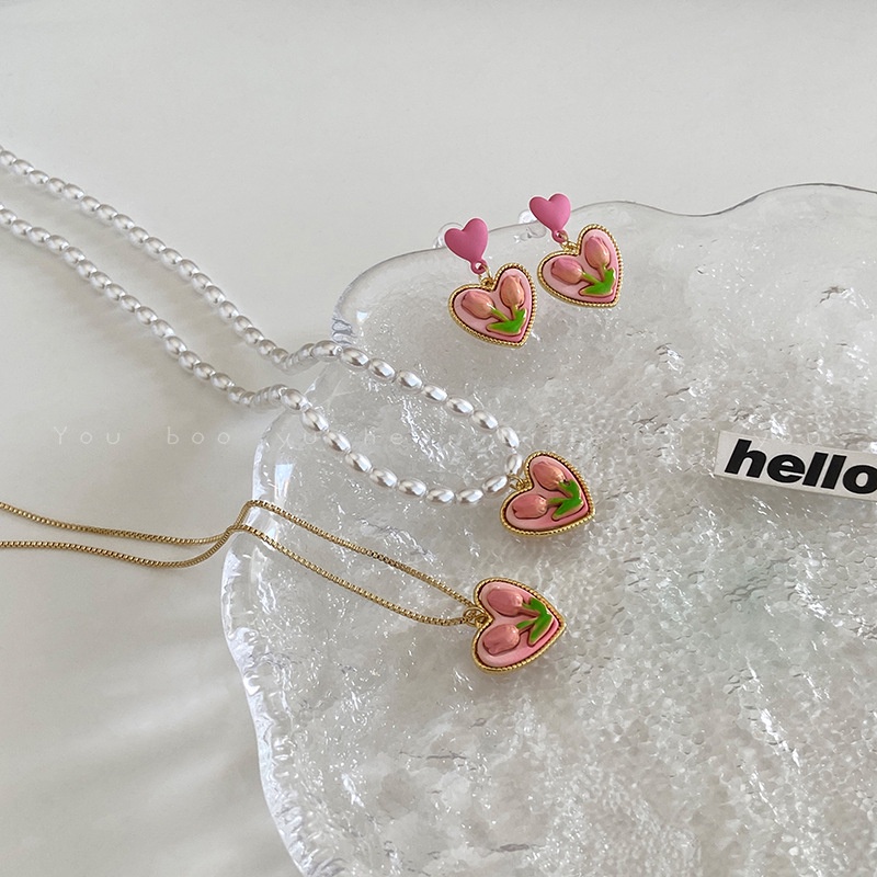 Kalung Choker Liontin Hati Tulip Pink Aksen Mutiara Untuk Wanita