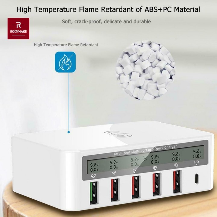 ROCKWARE 818PF Charger 5 USB-A and 1 PD 18W Wireless Charge - 100W 8A