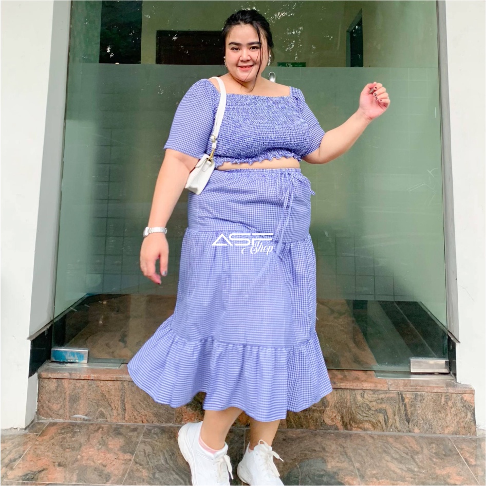 One Set Aurora Sabrina Baju Atasan Sabrina Kerut Wanita Jumbo Crop Top Big Size