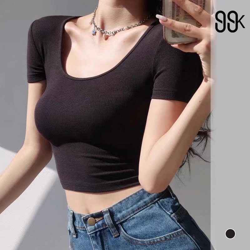 Korean Short Sleeve Rib Crop Top Kaos Wanita Lengan Pendek 1454 (S-XL)