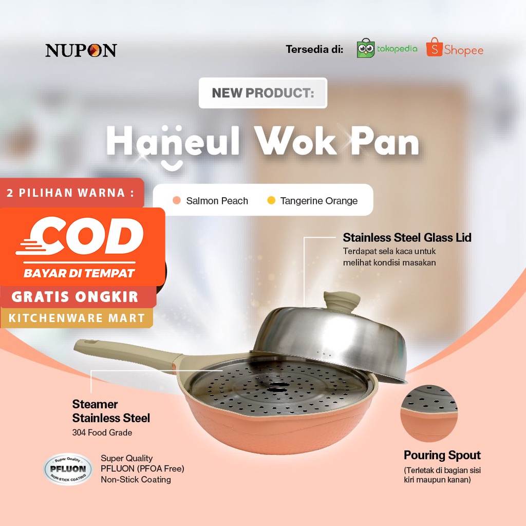 Panci Haneul Wok Pan 28cm NUPON With steamer dan stainless steel glass lid dengan glass lining Induction Bottom PFOA FREE - Premium Series - Areum Series